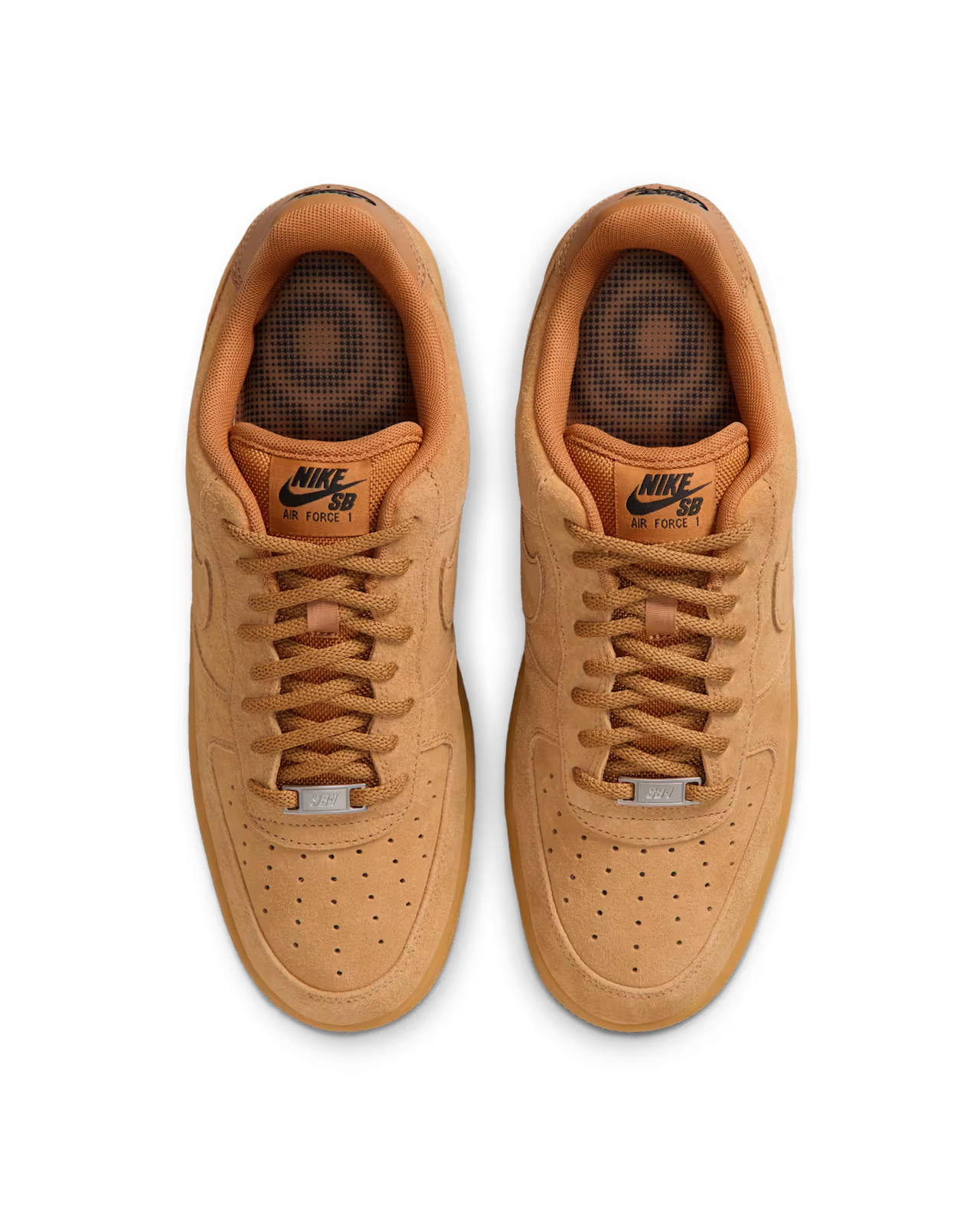 Top-down view showing the Nike SB Air Force 1 tongue label and plaid insole