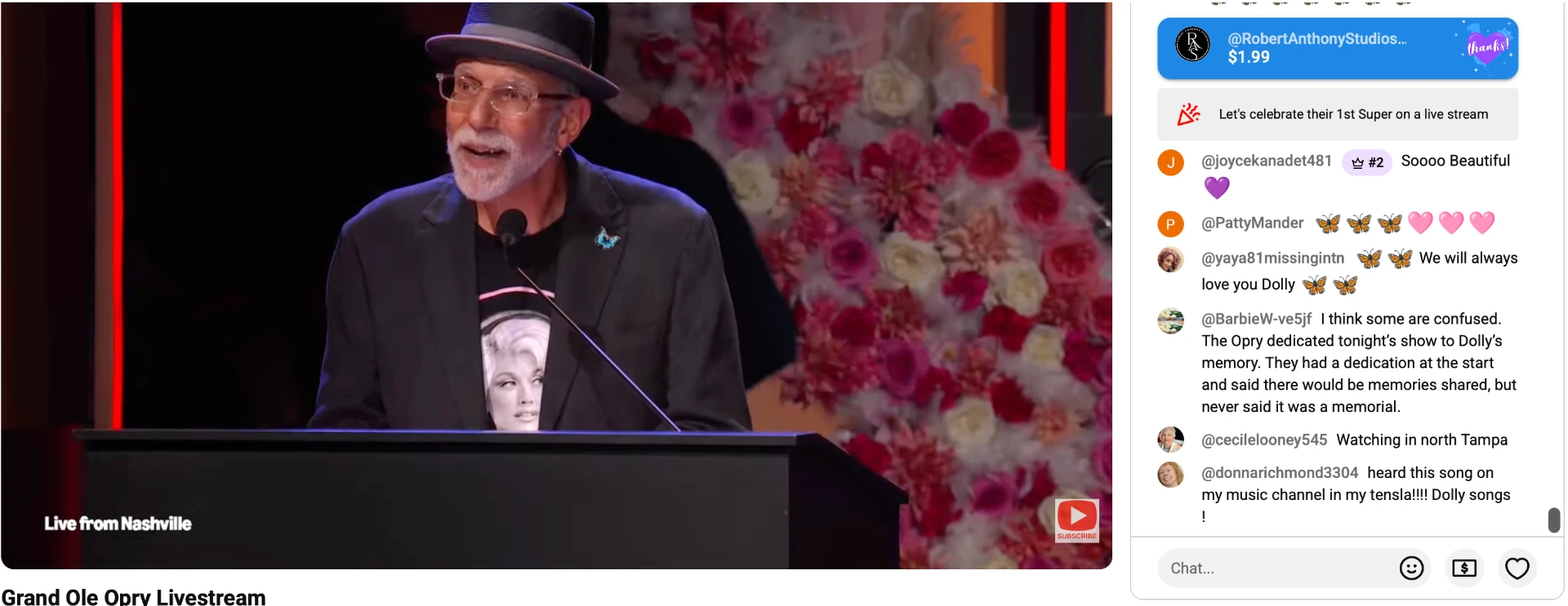 Grand Ole Opry livestream on YouTube, with the live chat beside it discussing the Dolly Parton dedication