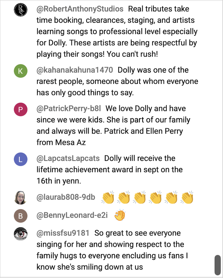 Viewers in the Opry livestream chat explaining that a full tribute takes booking, clearances, staging and rehearsal time