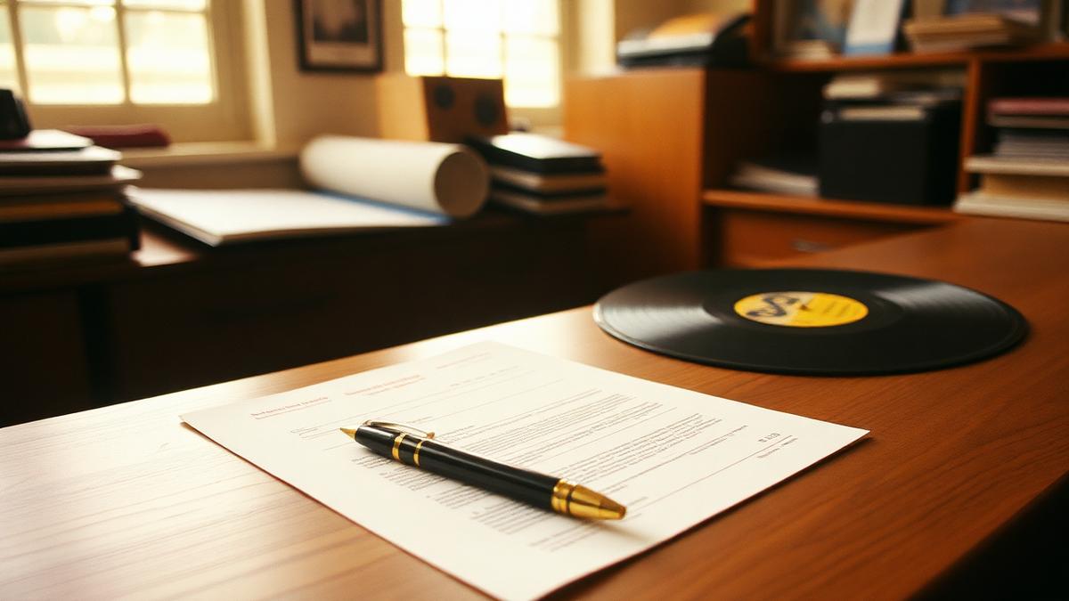 Contract paperwork, a pen and a vinyl record on a desk in a music office