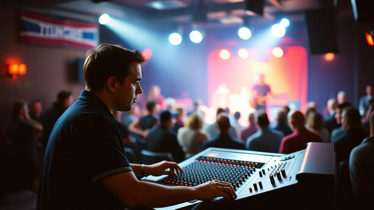 Live sound engineer at a front-of-house console during a club show