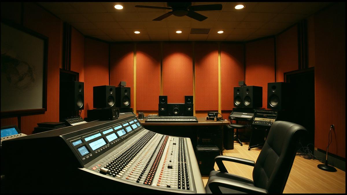 Recording studio control room with a mixing console and studio monitors
