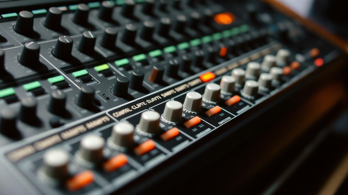 Analogue synthesizer panel with patch cables, knobs and sliders in close focus