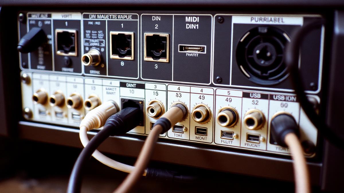 Back panel of studio hardware showing MIDI, USB and audio connections
