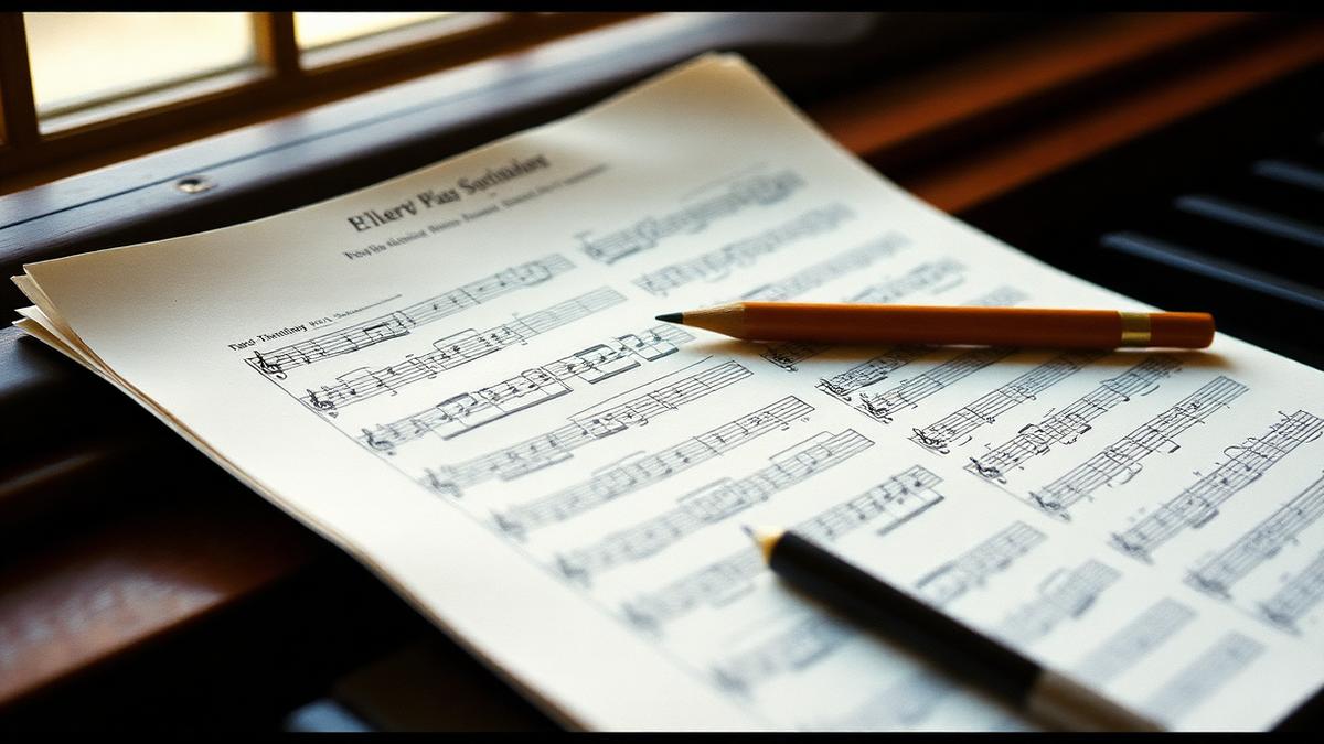 Close-up of handwritten sheet music and a pencil on a piano music desk