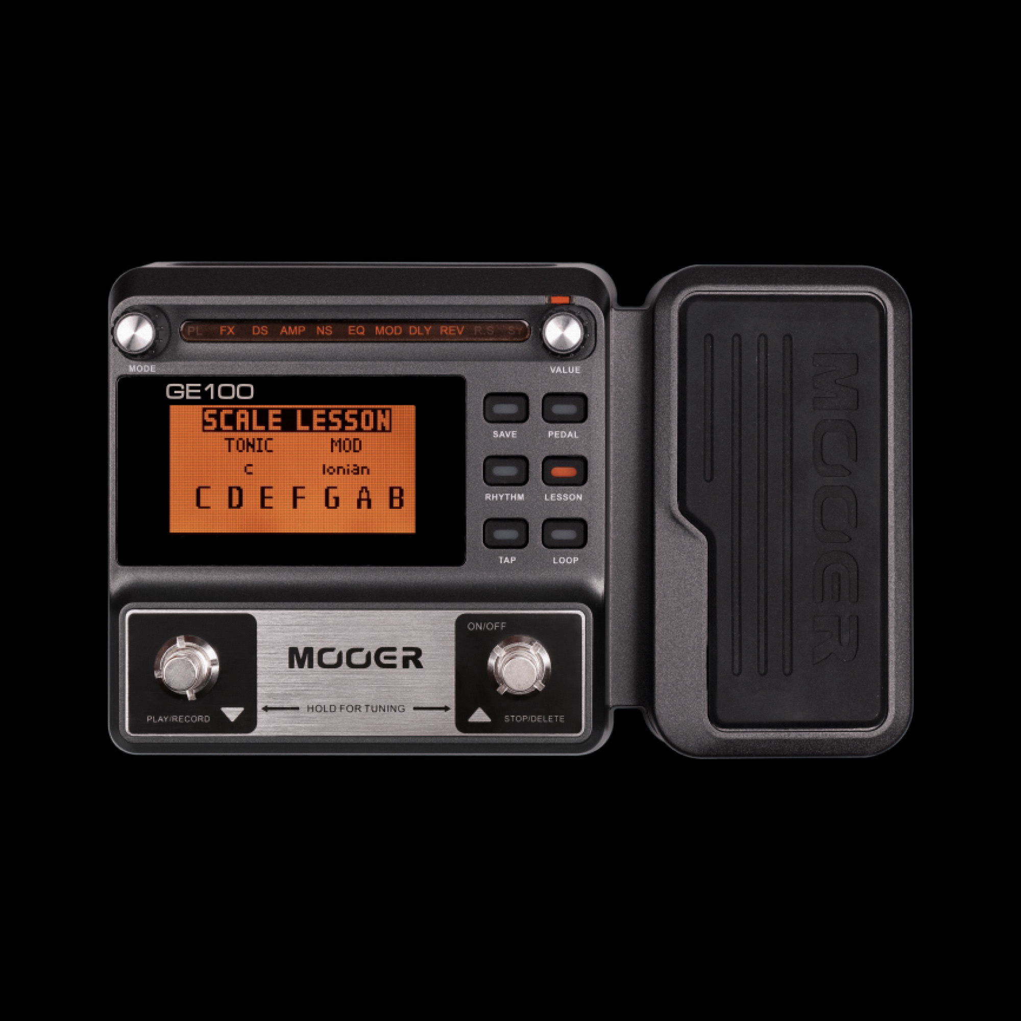 MOOER GE100 multi-effects pedal showing its scale lesson screen