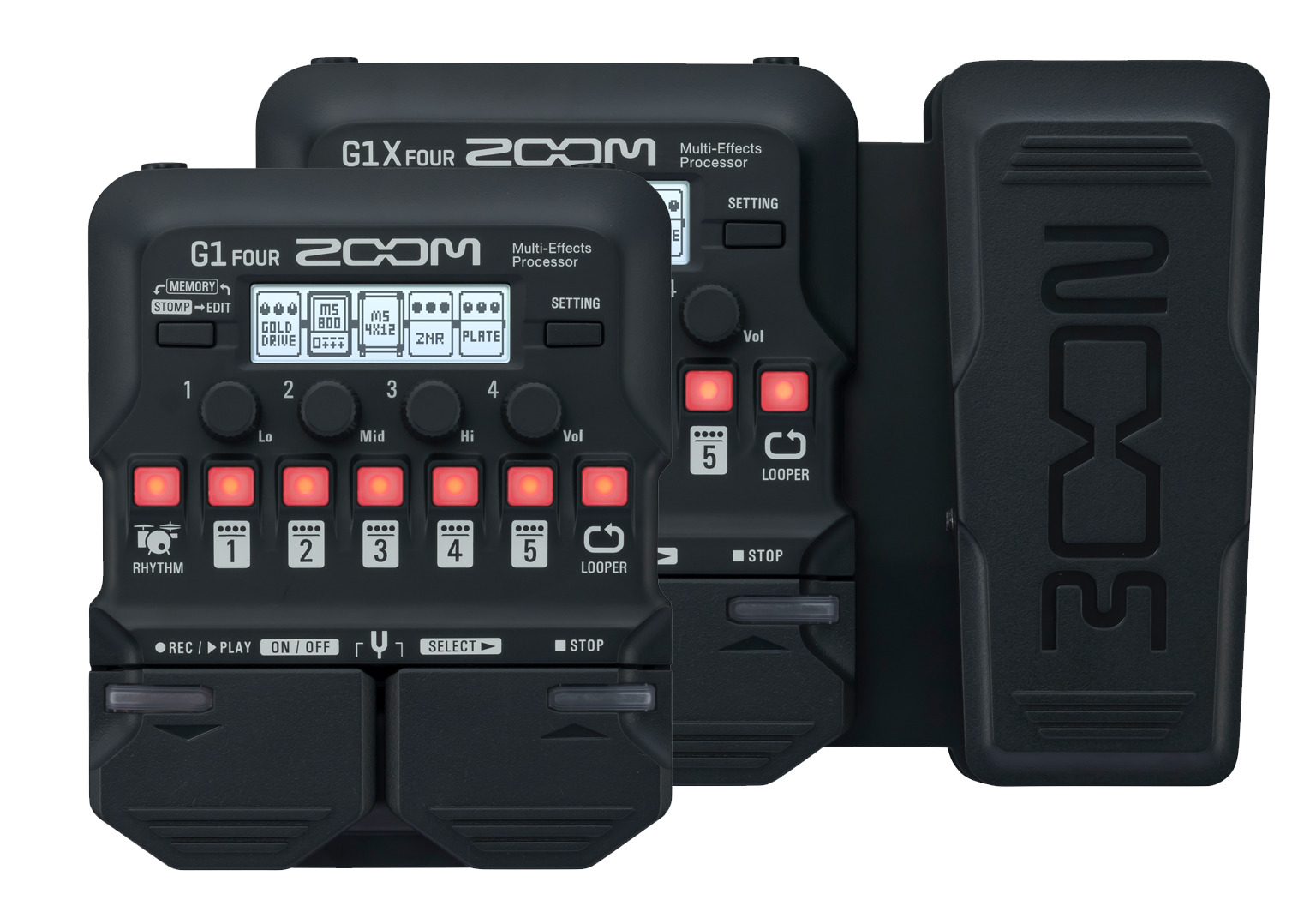 Zoom G1 Four and G1X Four multi-effects processors — the G1X Four adds the expression pedal